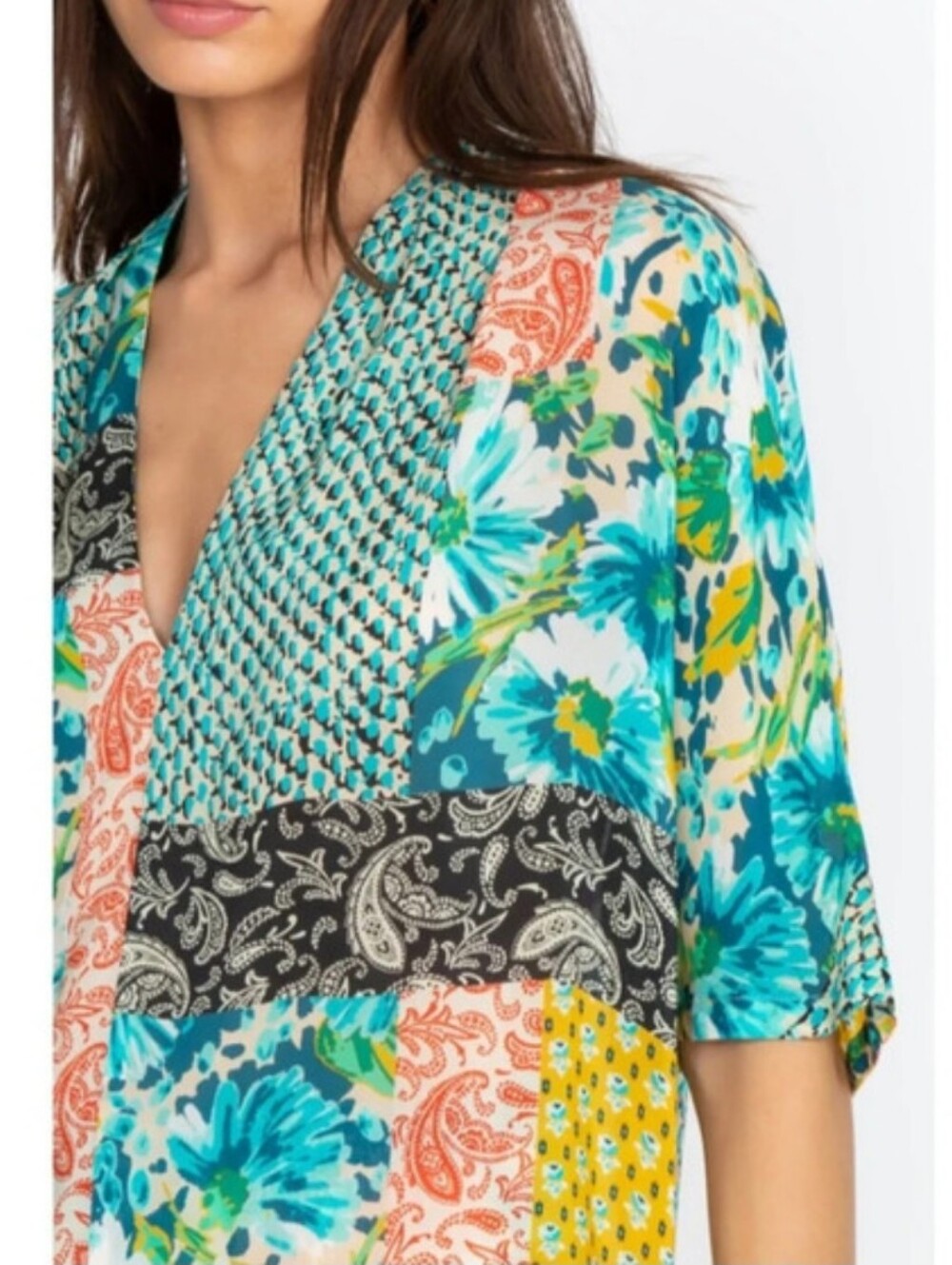 Johnny Was Paisley Ravenne V neck Top Patchwork Print Silky Feel Size Medium - Picture 3 of 12